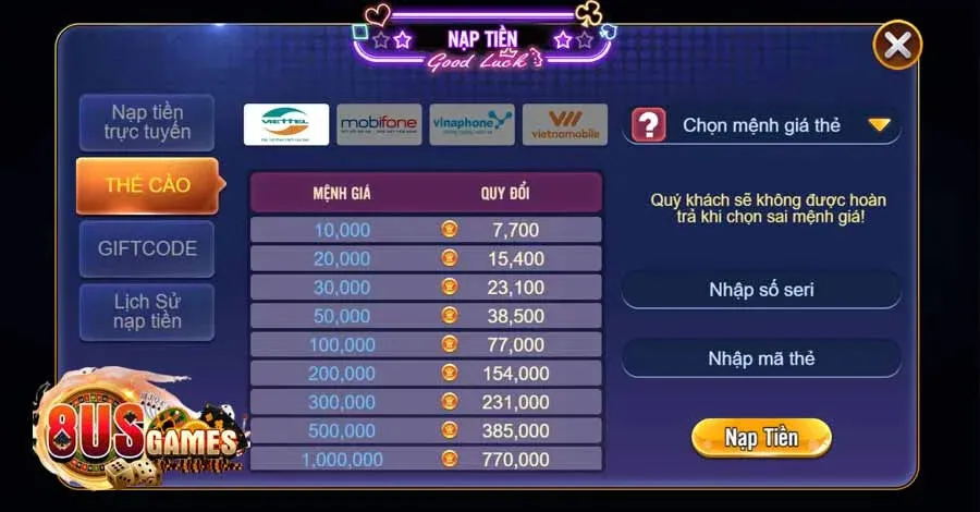 Nhiều hình thức nạp tiền khác nhau được cung cấp bởi 8us